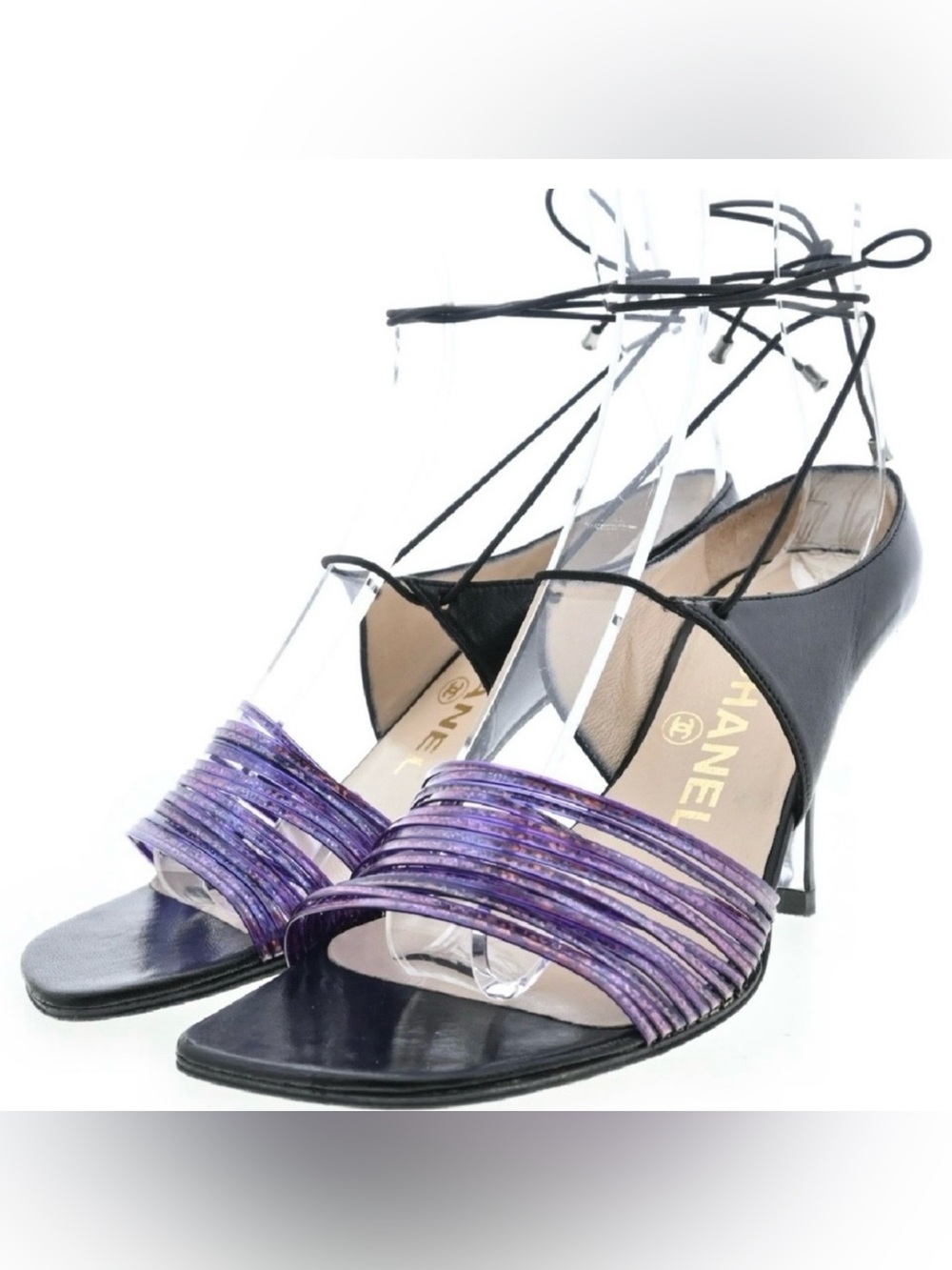 CHANEL Black Purple Tie Stiletto Heels 38 8